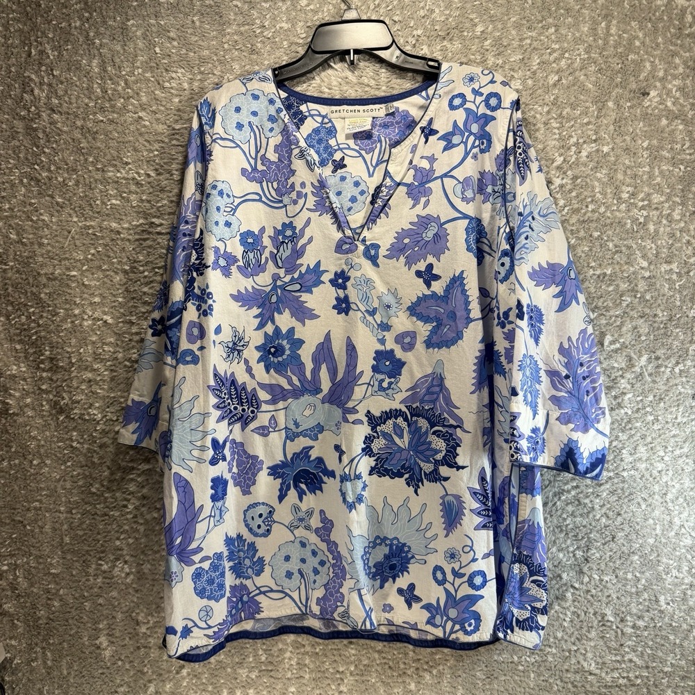Gretchen Scott V-Neck 3/4 Sleeve Floral Tunic Top Goddest XXL Beach Resort